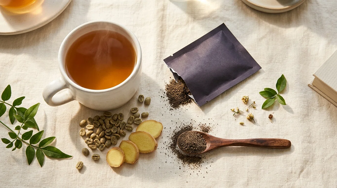 Morning wellness flat-lay with plant-based wellness drink powder, botanical ingredients on cream linen